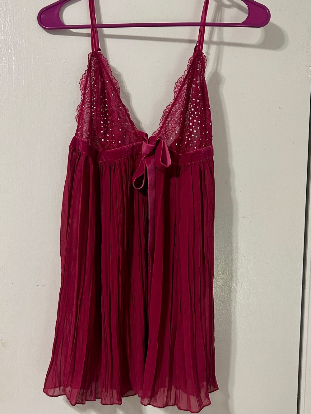 Victoria's Secret Deep Magenta Pleated Lace Camisole Lingerie with Velvet Bow